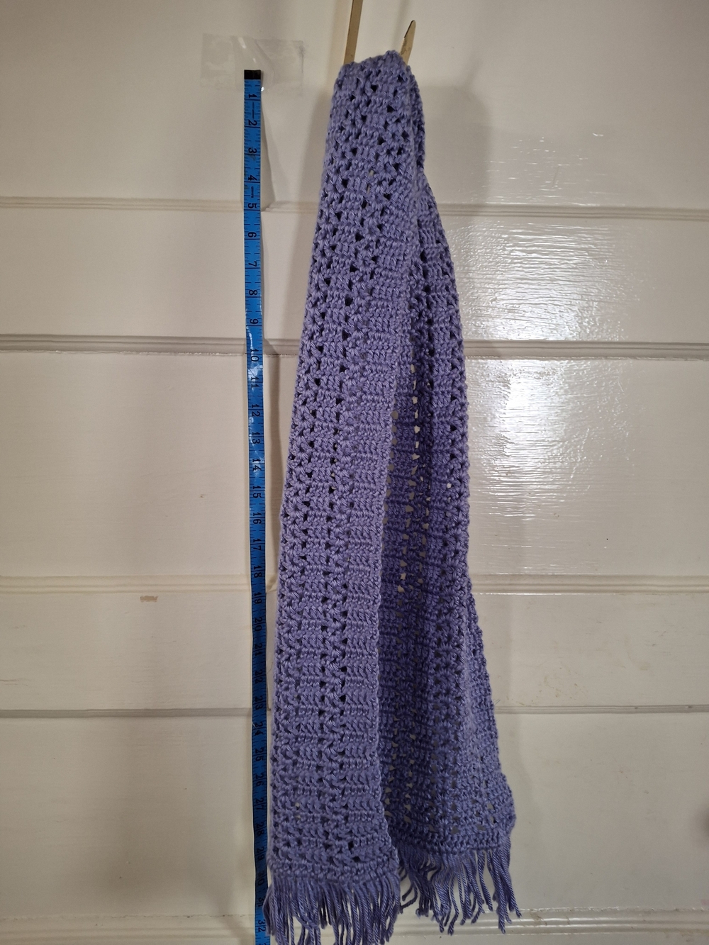 Lavender Purple Open Knit Crochet Scarf with Fringe Boho Handmade Look